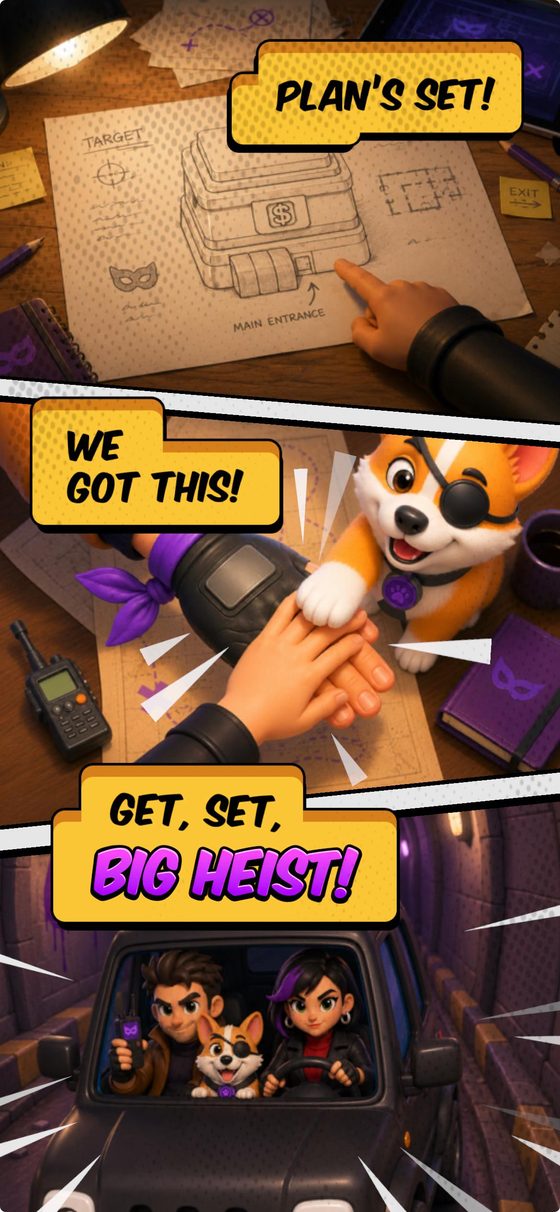 Three-panel Match Heist comic: the crew plans the job, teams up, and drives off in the getaway van