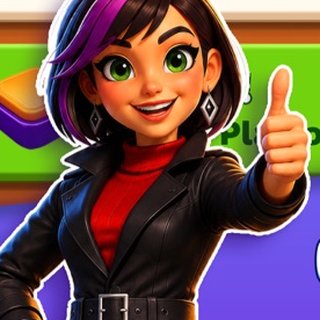 Vera Voss, the Mastermind — black bob with a purple streak, green eyes and a black leather jacket, giving a confident thumbs-up