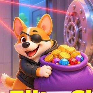 Sir Wagsworth, the Specialist — a delighted corgi wearing an eyepatch, hugging a purple bag stuffed with gold coins and gems
