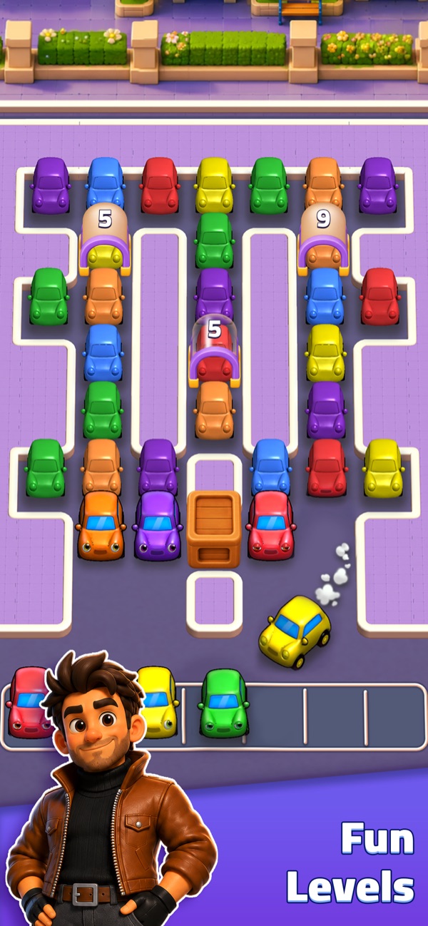 Match Heist gameplay — tap 3D cars on a crowded parking board to match three of the same color