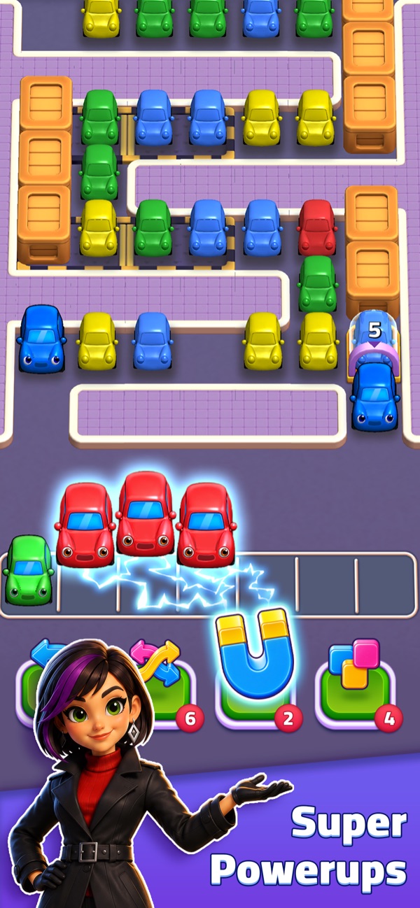 Match Heist power-up — a magnet pulls three matching red cars straight into the tray