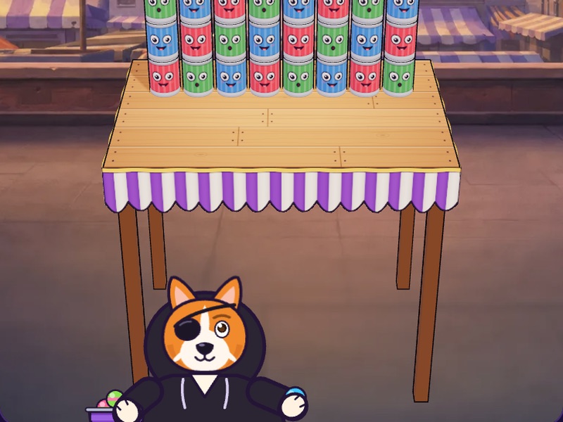 Smash & Grab: a 3D market table stacked with tins, crates and jars, with a thrown ball about to hit them