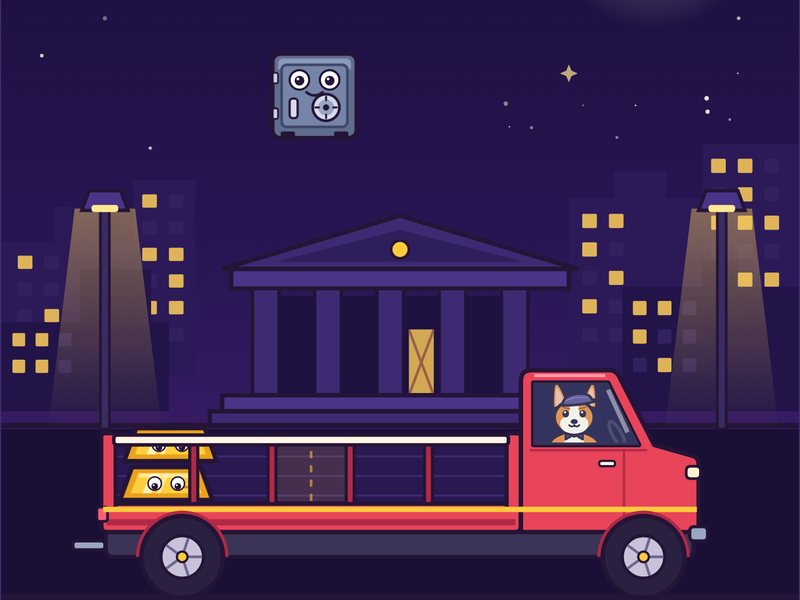 Van Stacker: a safe with googly eyes falling from a crane towards Sir Wagsworth's truck