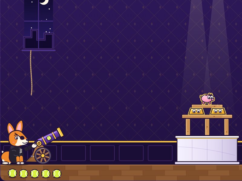 Vault Smash: Sir Wagsworth's tennis-ball cannon aimed at a tower of googly-eyed gold bars